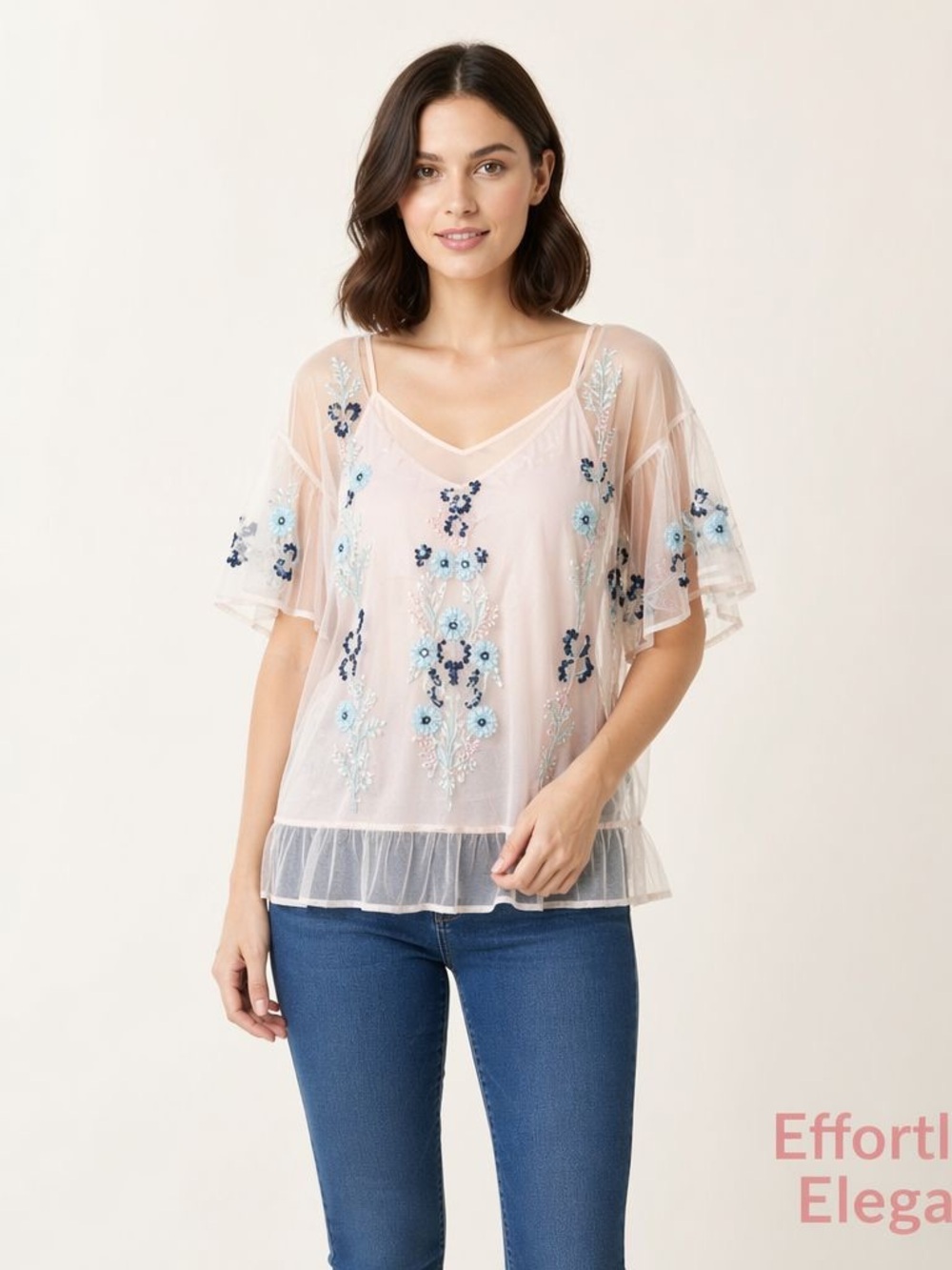 Kaari Blue Sheer Blush Embroidered Floral Overlay Top
